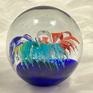 Blown Glass Art Paperweight Colorful Firework Flower Round 3" Tall Vintage